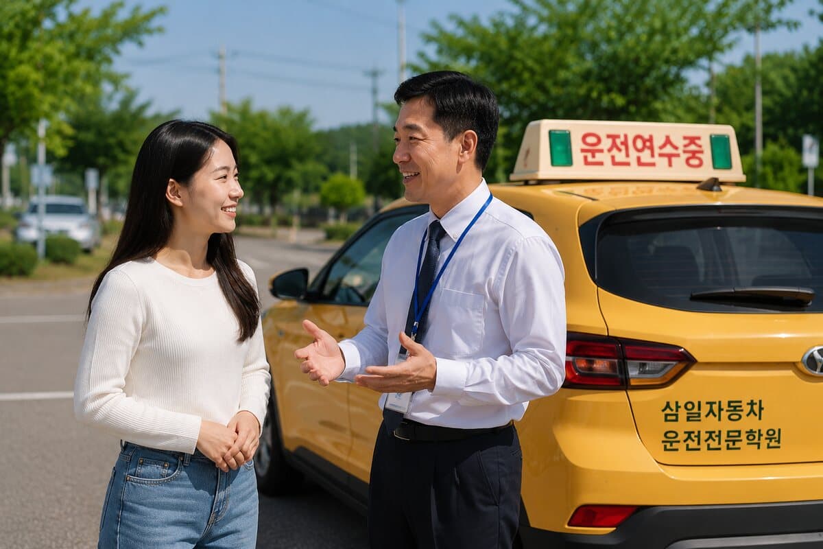 차량 앞에서 진행되는 운전 교육 안내
